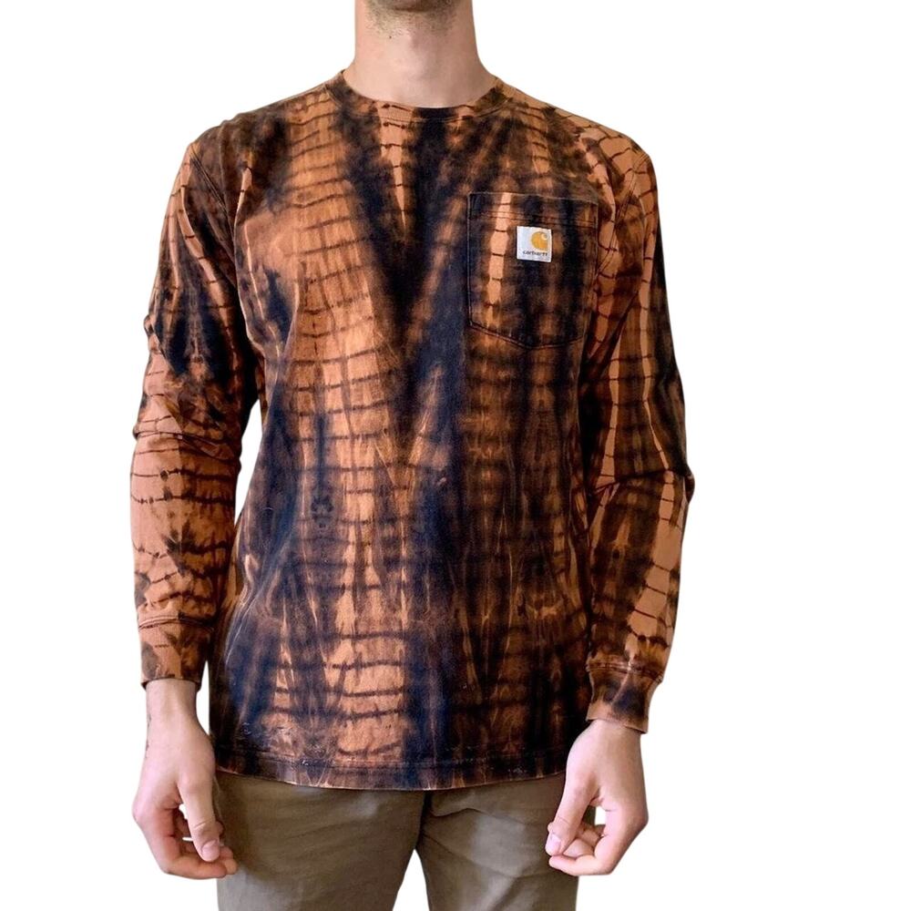 Reworked Carhartt Long Sleeve Shirt Black Orange Reverse Shibori Tie Dye Medium
